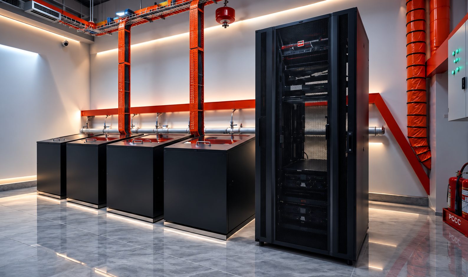 Phòng máy AI Center 738 với các bể làm mát ngâm AI Tank và tủ rack